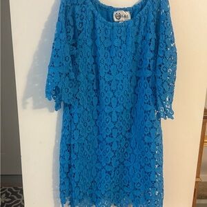 L&B Blue Sheath Dress with 3/4 Flutter Sleeves for Weddings